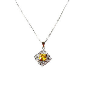 Rhinestone Pendant Necklace Yellow Clear Silver Tone Delicate Cable Chain